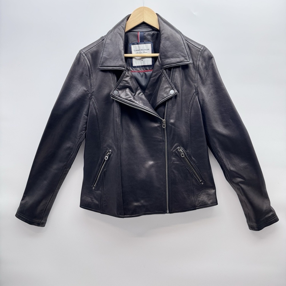 Tommy Hilfiger Leather Women's Jacket American Classic Black Asymmetrical Neck